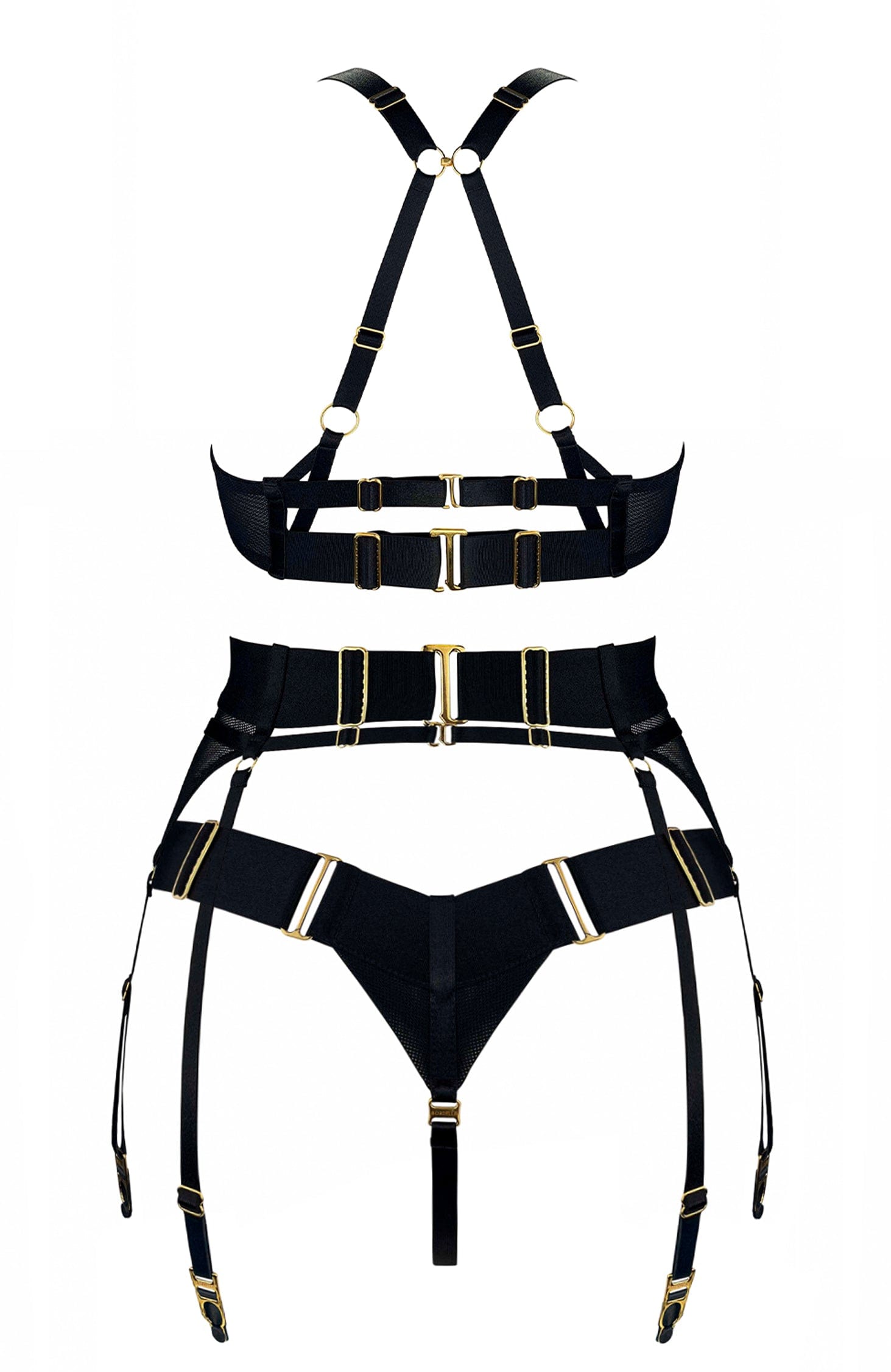 Nara Layered Mesh Wire Bra, Suspender and Bondage Thong Set
