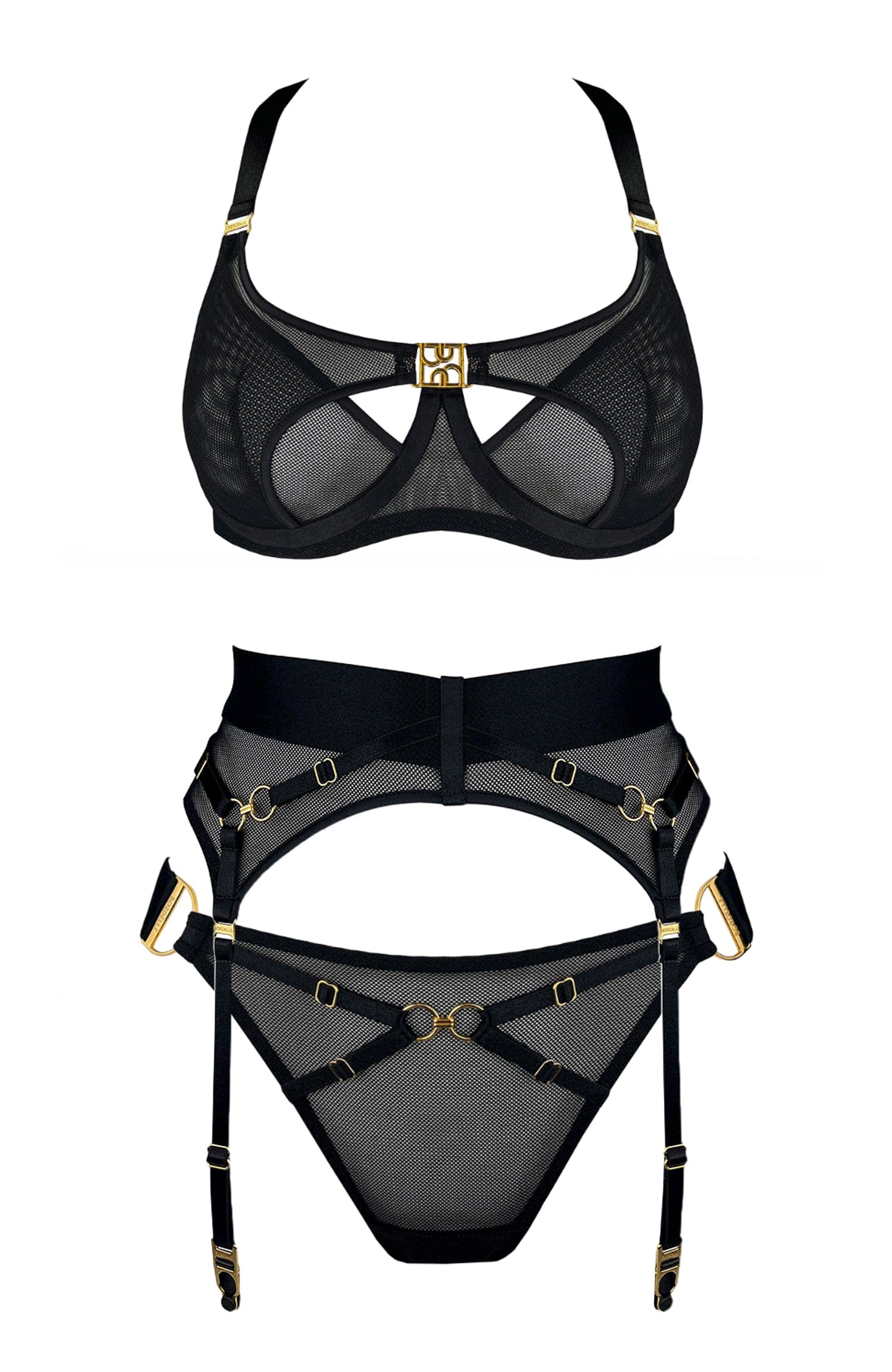 Nara Layered Mesh Wire Bra, Suspender and Bondage Thong Set