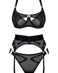 Nara Layered Mesh Wire Bra, Suspender and Bondage Thong Set