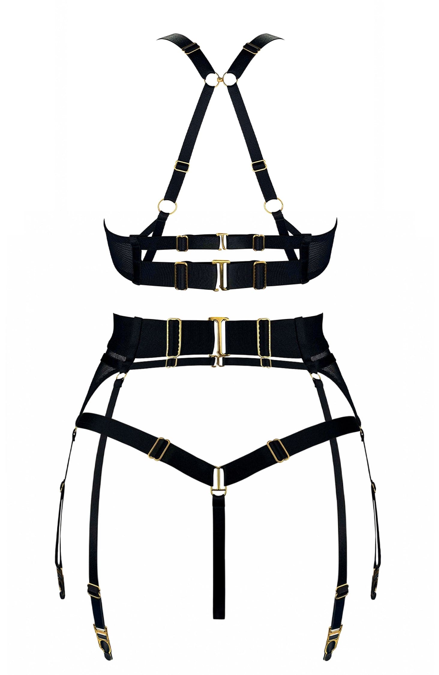 Nara Layered Mesh Wire Bra, Suspender and Strap Thong Set