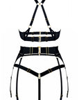 Nara Layered Mesh Wire Bra, Suspender and Strap Thong Set