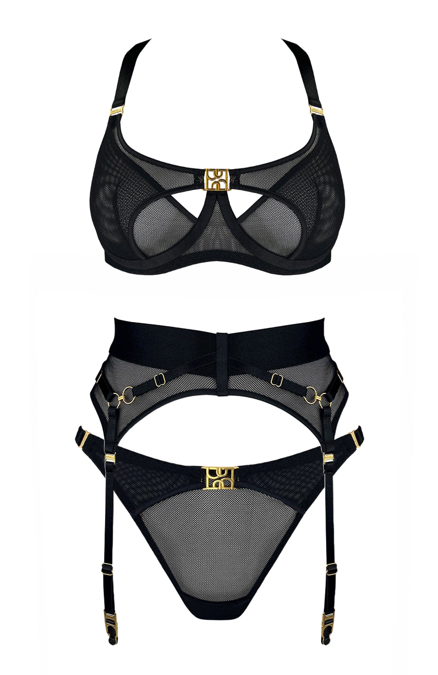 Nara Layered Mesh Wire Bra, Suspender and Strap Thong Set