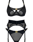 Nara Layered Mesh Wire Bra, Suspender and Strap Thong Set