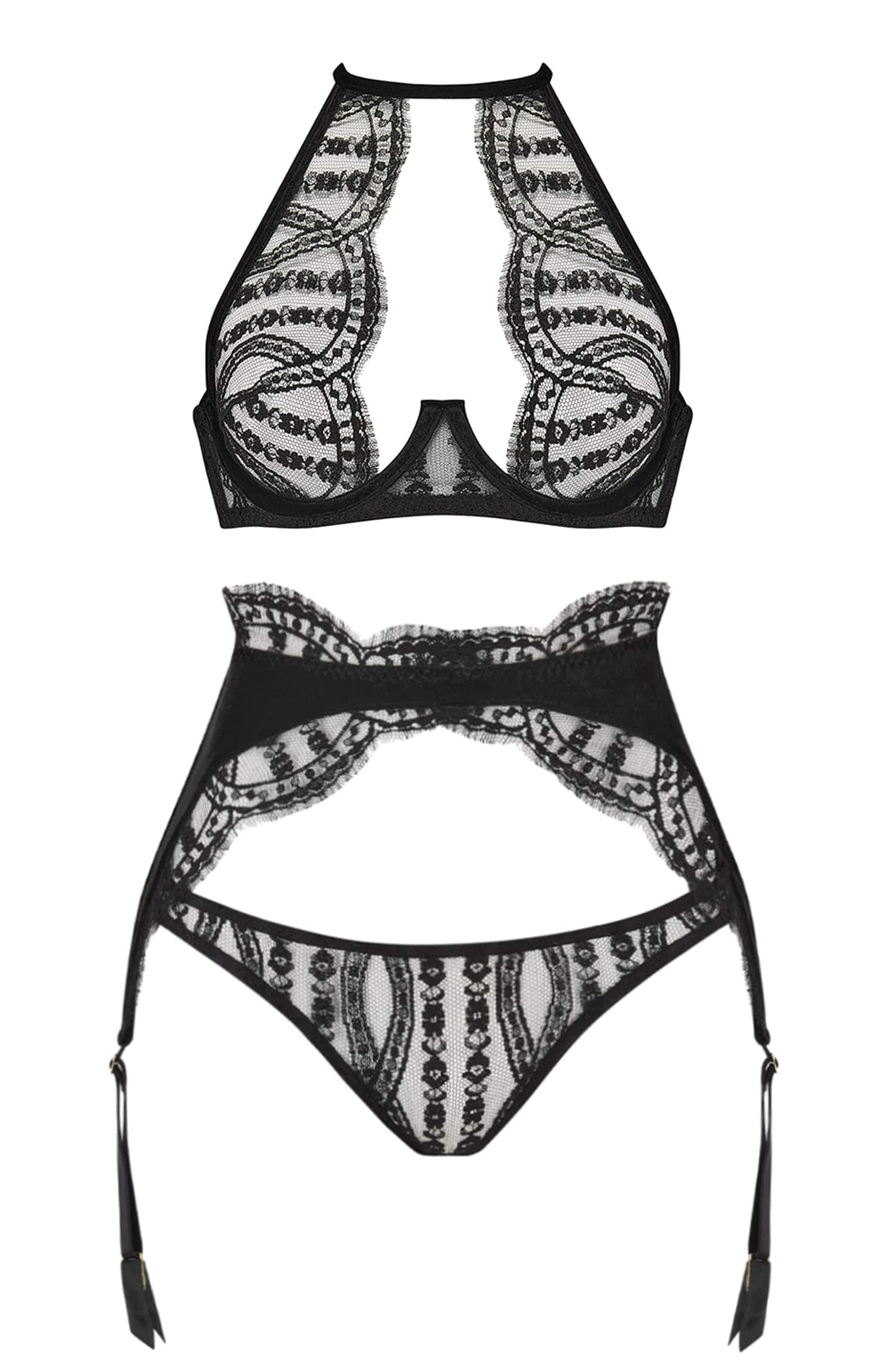Kiana High Neck Plunge Bra and Open Suspender Knicker Set