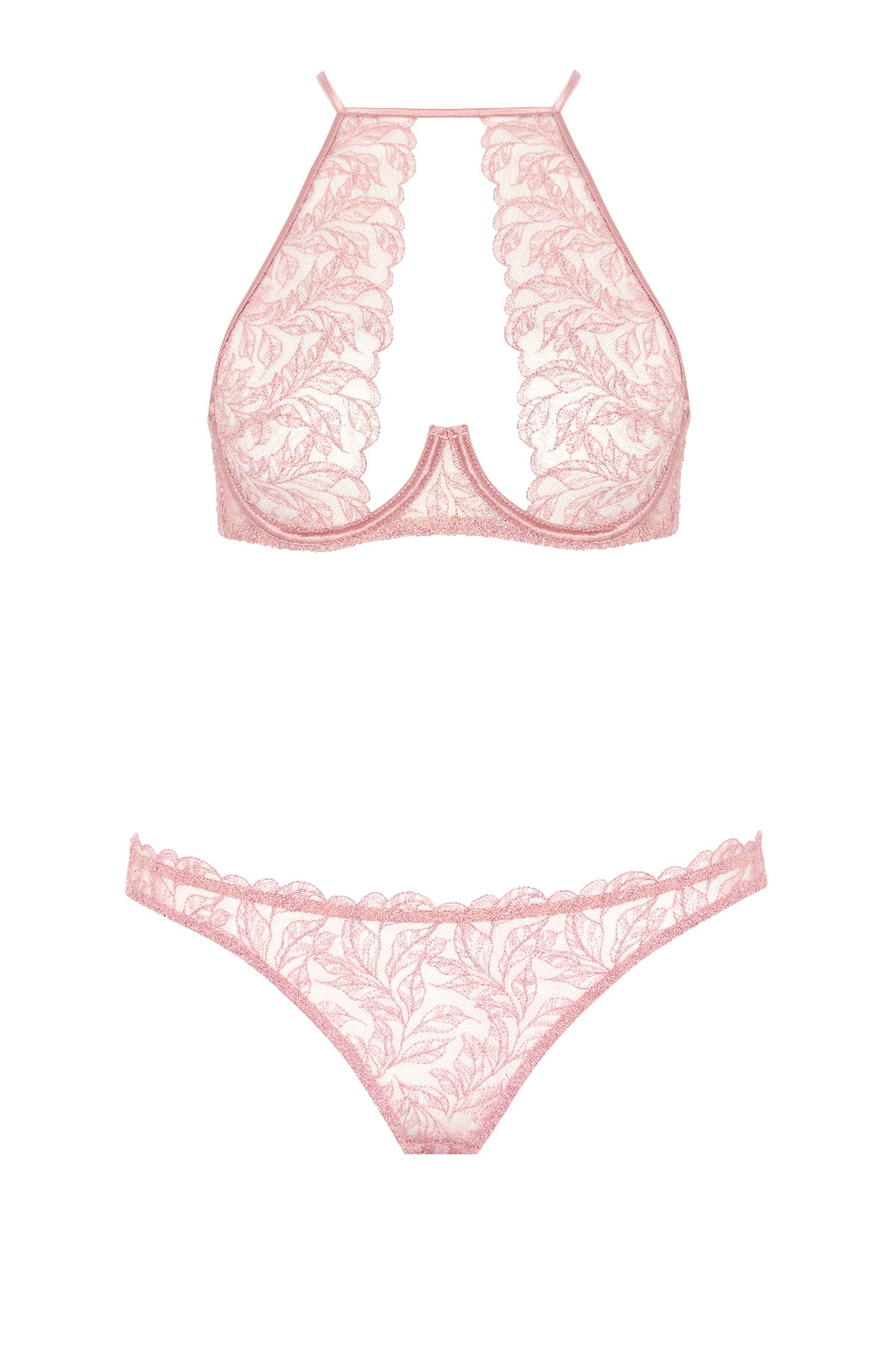 Rose High Neck Plunge Bra and Brazilian Knicker Set