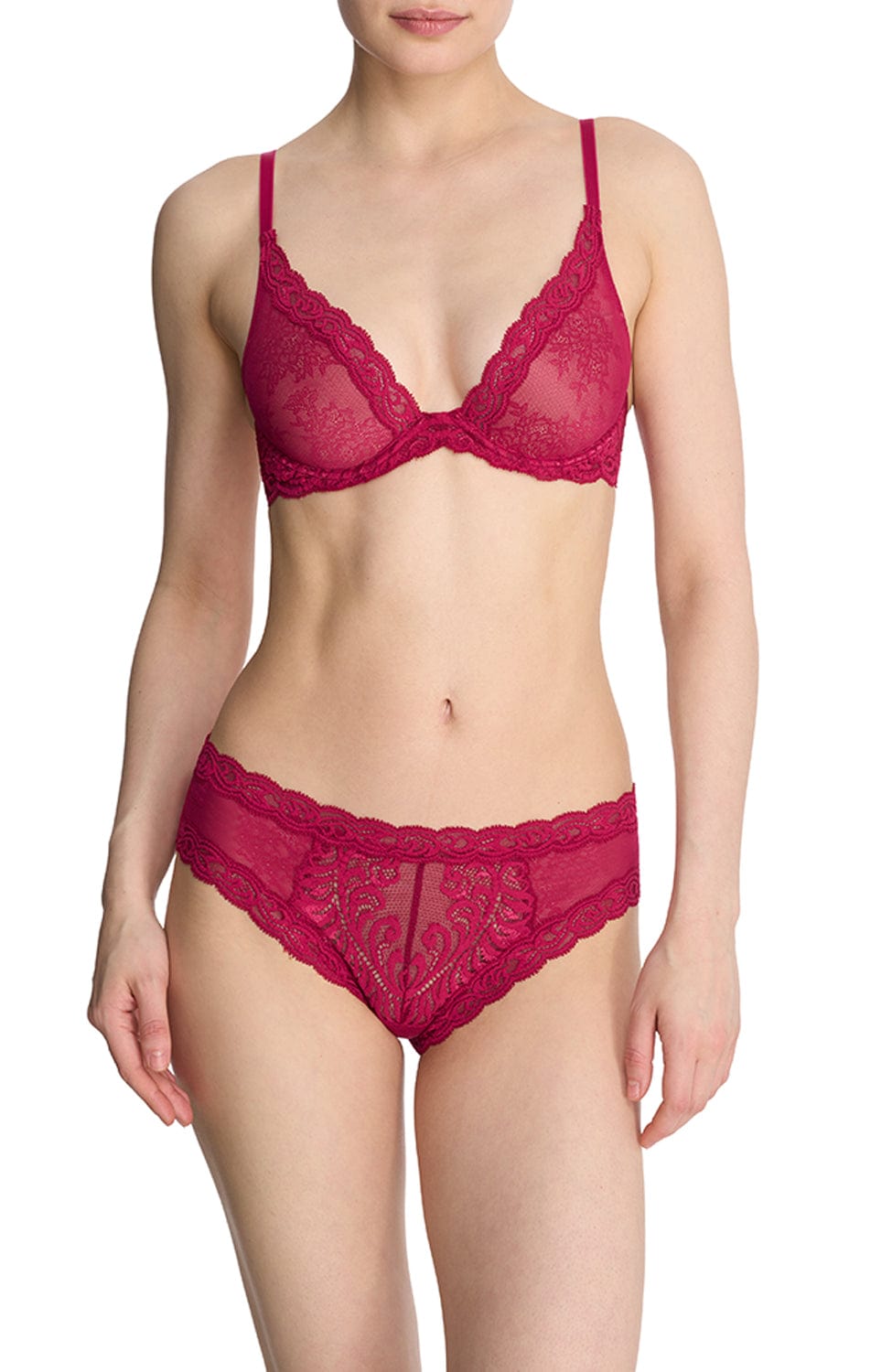 Feathers Contour Lace Plunge Bra and Hipster Set