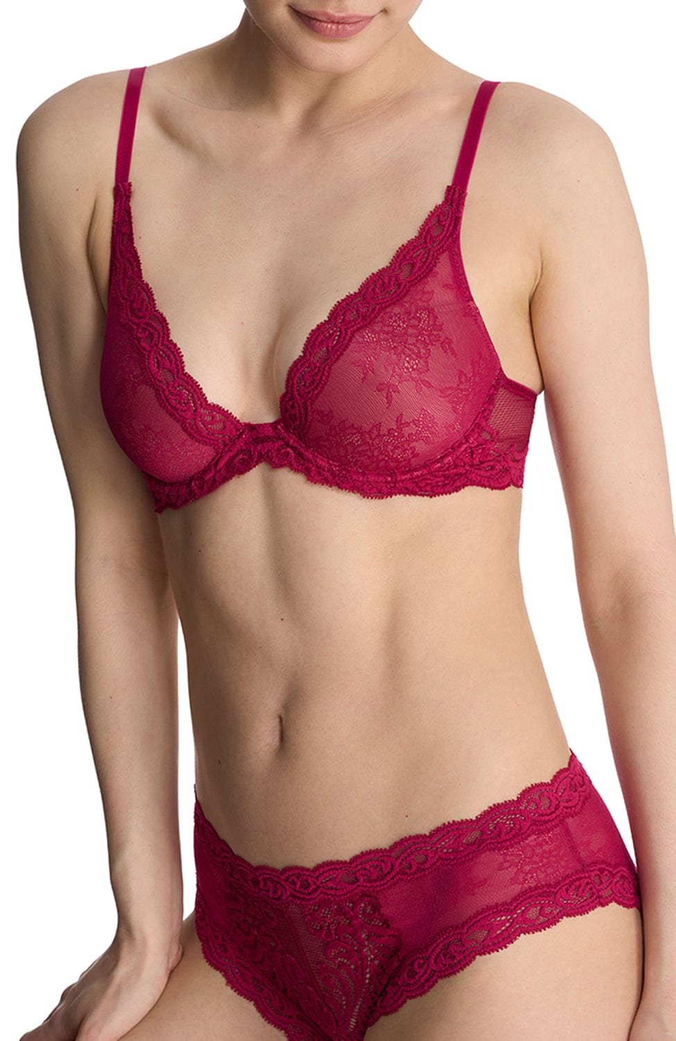Feathers Contour Lace Plunge Bra and Hipster Set