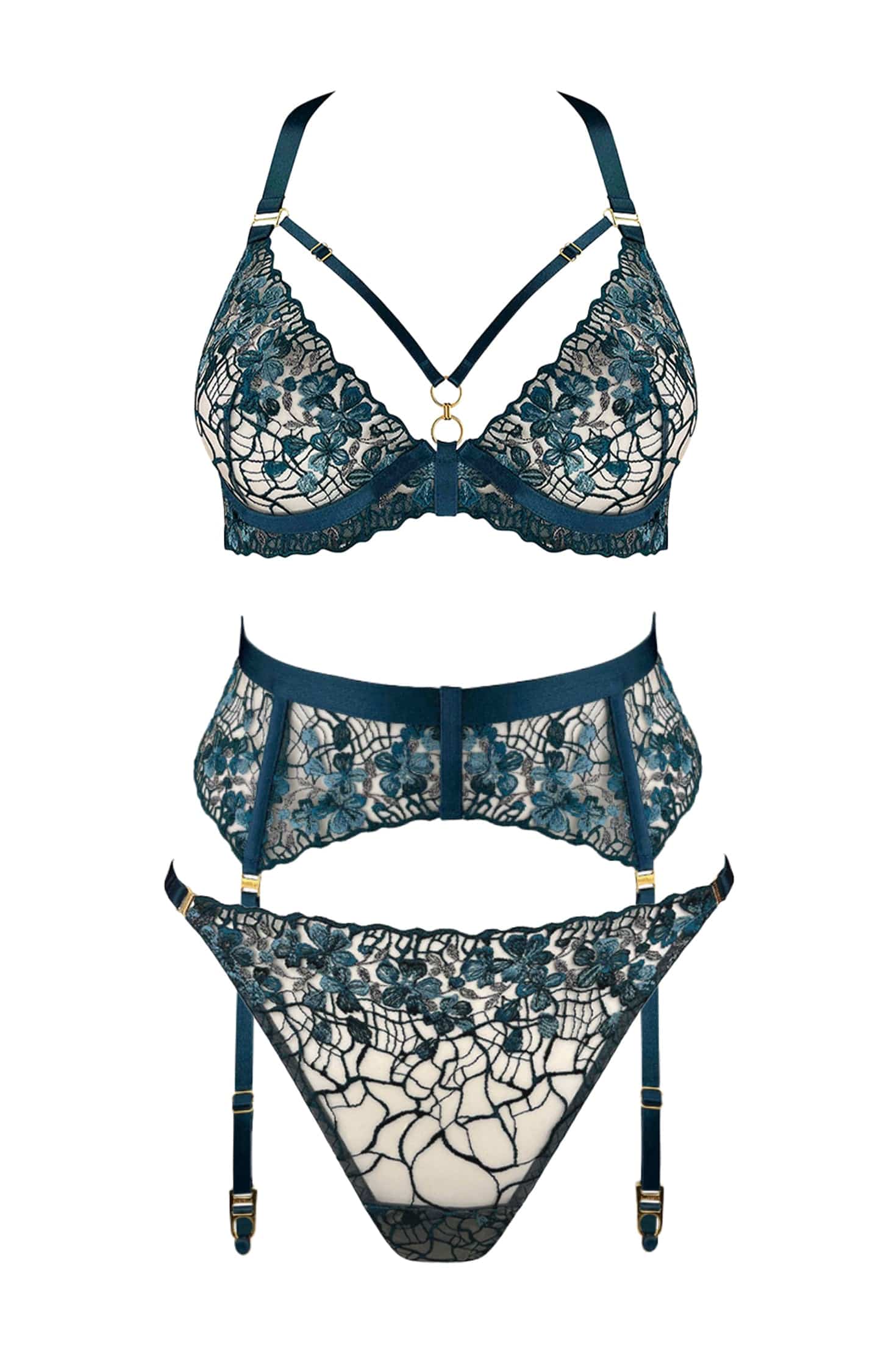 Amela Plunge Bra, Suspender and Thong Set