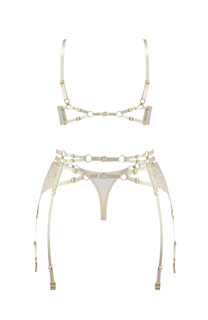 Sheer Lingerie Bordelle Lingerie Sets Pearl Balconette Wire Bra, Suspender and Thong Set