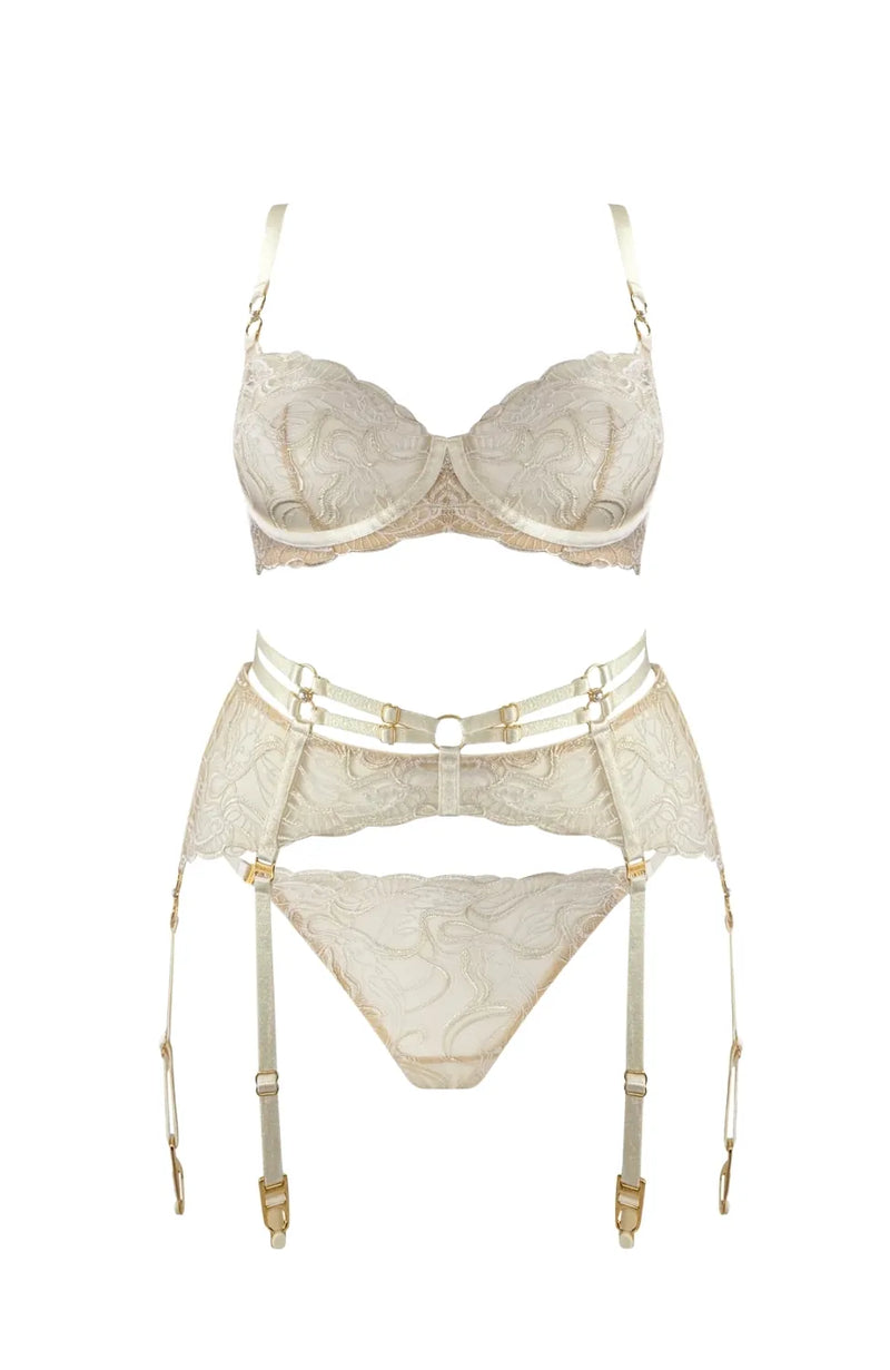 Sheer Lingerie Bordelle Lingerie Sets Pearl Balconette Wire Bra, Suspender and Thong Set