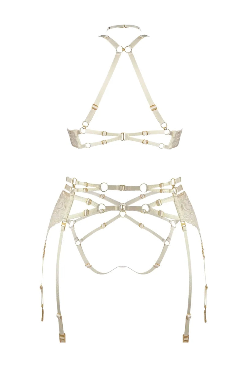 Sheer Lingerie Bordelle Lingerie Sets Pearl Ouvert Wire Bra, Suspender and Open Back Brief Set