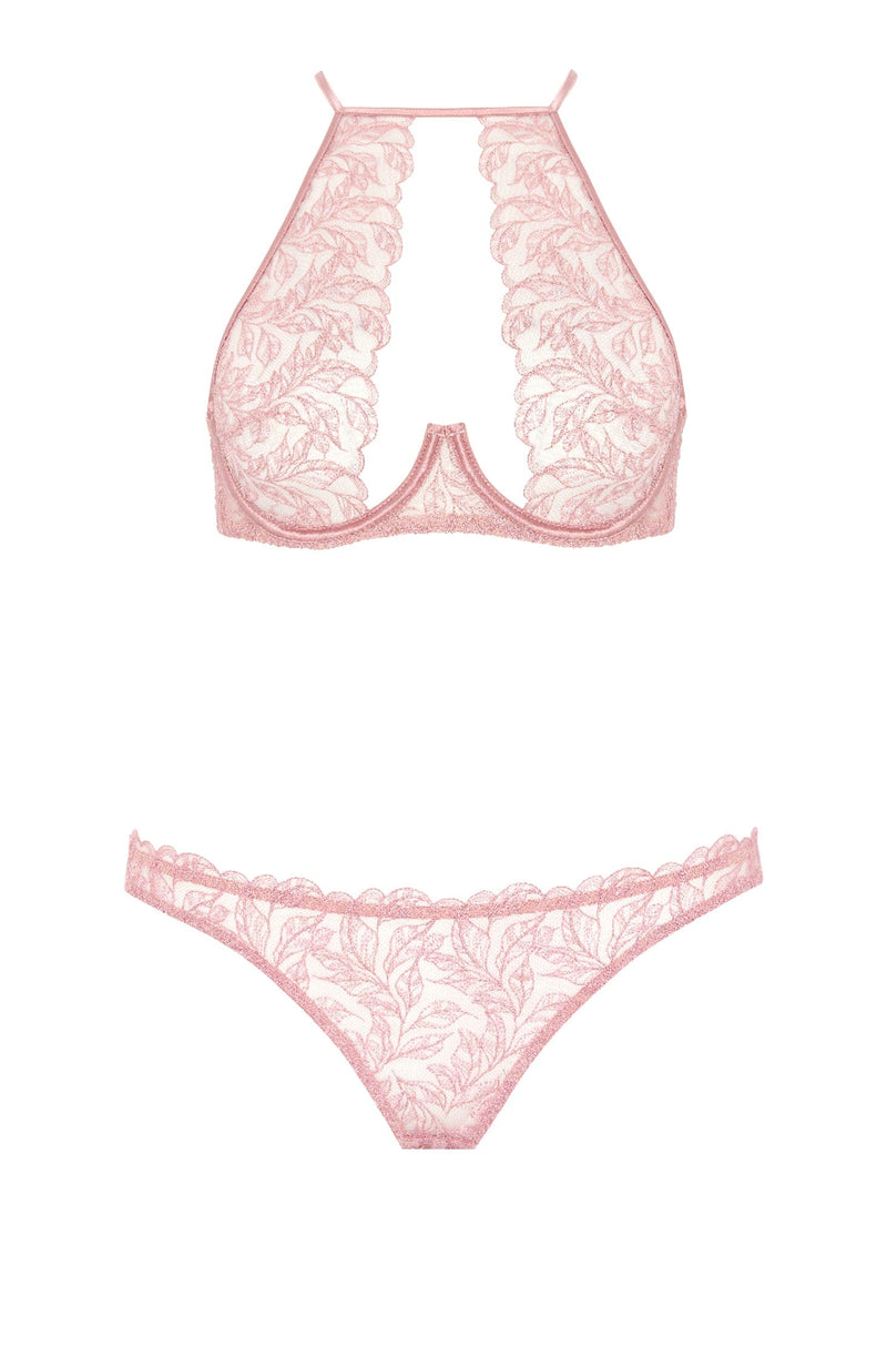 Rose High Neck Plunge Bra and Brazilian Knicker Set-Lingerie Sets-Coco de Mer x Sheer-SHEER, SHEER, Luxury lingerie brand, Luxury lingerie Hong Kong, Designer lingerie HK, Designer lingerie online, International luxury lingerie, Luxury lingerie gift ideas, buy lingerie online, Designer lingerie global delivery, Luxury lingerie shipping to Australia, Luxury lingerie shipping to Singapore