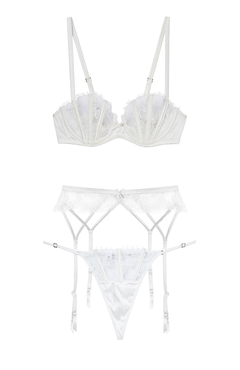Frankie Lace Boned Balconette Bra, Garter Belt and G-string Set-Lingerie Sets-Fleur du Mal-SHEER, SHEER, Luxury lingerie brand, Luxury lingerie Hong Kong, Designer lingerie HK, Designer lingerie online, International luxury lingerie, Luxury lingerie gift ideas, buy lingerie online, Designer lingerie global delivery, Luxury lingerie shipping to Australia, Luxury lingerie shipping to Singapore