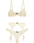 Sheer Lingerie Fleur Du Mal Lingerie Sets Bianca Lace Balconette Bra, Garter Belt and Thong Set