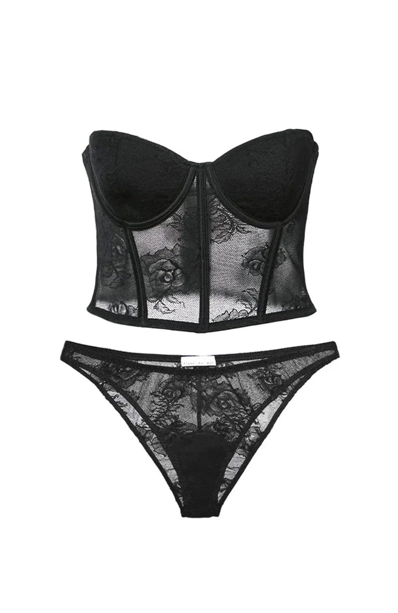 Bouquet Lace Bustier Top and Cheeky Set-Lingerie Sets-Fleur du Mal-SHEER, SHEER, Luxury lingerie brand, Luxury lingerie Hong Kong, Designer lingerie HK, Designer lingerie online, International luxury lingerie, Luxury lingerie gift ideas, buy lingerie online, Designer lingerie global delivery, Luxury lingerie shipping to Australia, Luxury lingerie shipping to Singapore