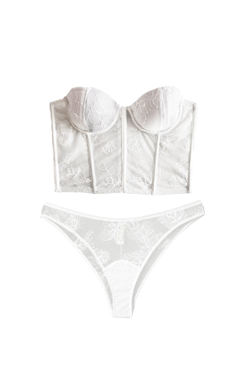 Bouquet Lace Bustier Top and Cheeky Set-Lingerie Sets-Fleur du Mal-SHEER, SHEER, Luxury lingerie brand, Luxury lingerie Hong Kong, Designer lingerie HK, Designer lingerie online, International luxury lingerie, Luxury lingerie gift ideas, buy lingerie online, Designer lingerie global delivery, Luxury lingerie shipping to Australia, Luxury lingerie shipping to Singapore