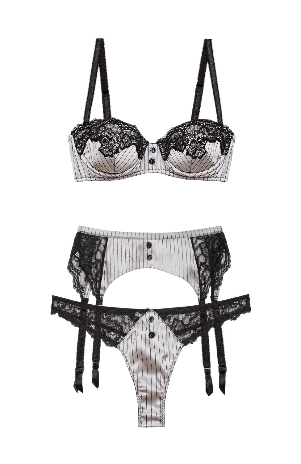 Sheer Lingerie Fleur Du Mal Lingerie Sets Executive Balconette Padded Bra, Garter and Thong Set