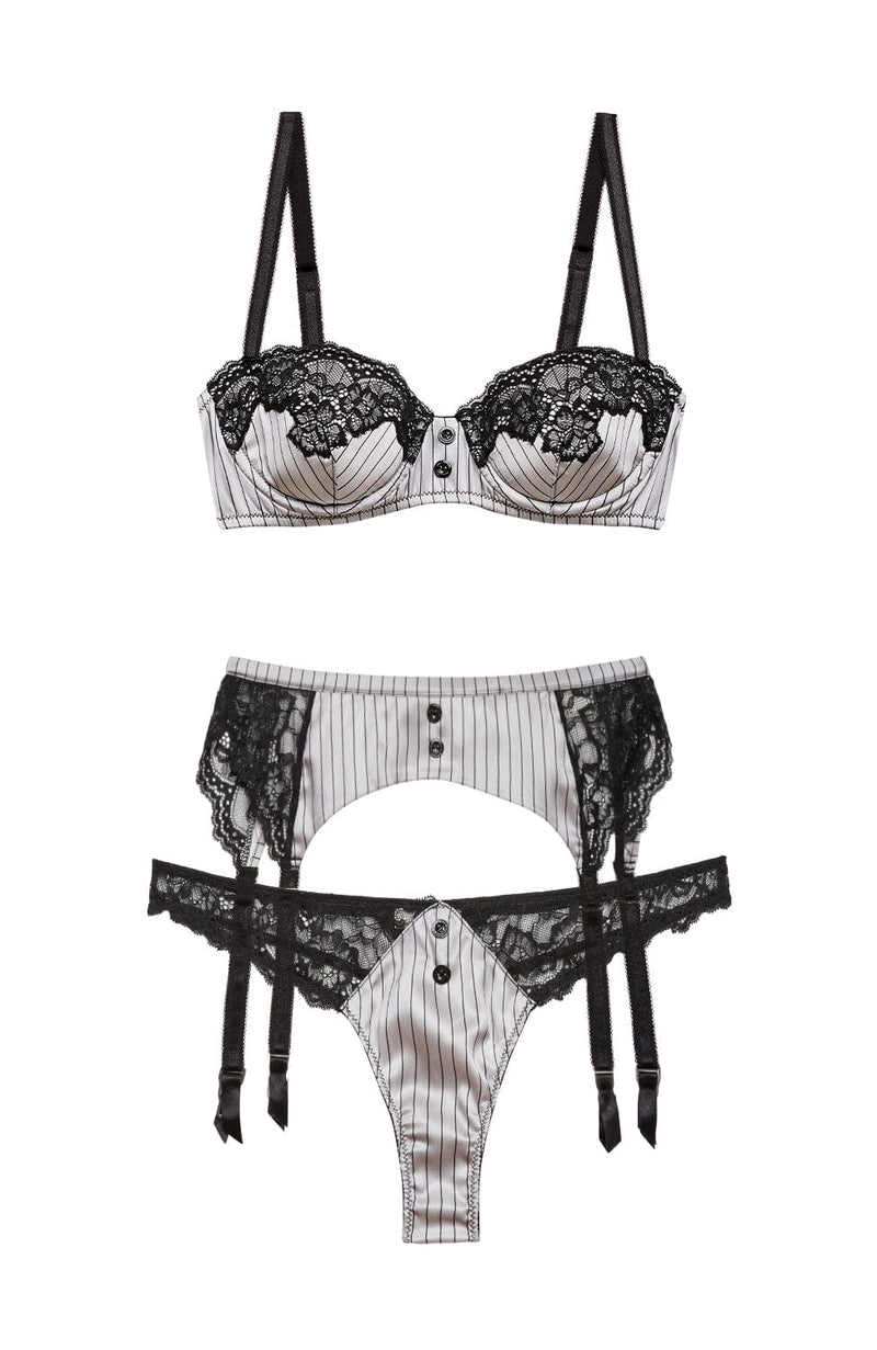 Executive Balconette Padded Bra, Garter and Thong Set-Lingerie Sets-Fleur du Mal-SHEER, SHEER, Luxury lingerie brand, Luxury lingerie Hong Kong, Designer lingerie HK, Designer lingerie online, International luxury lingerie, Luxury lingerie gift ideas, buy lingerie online, Designer lingerie global delivery, Luxury lingerie shipping to Australia, Luxury lingerie shipping to Singapore