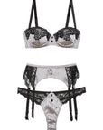 Sheer Lingerie Fleur Du Mal Lingerie Sets Executive Balconette Padded Bra, Garter and Thong Set