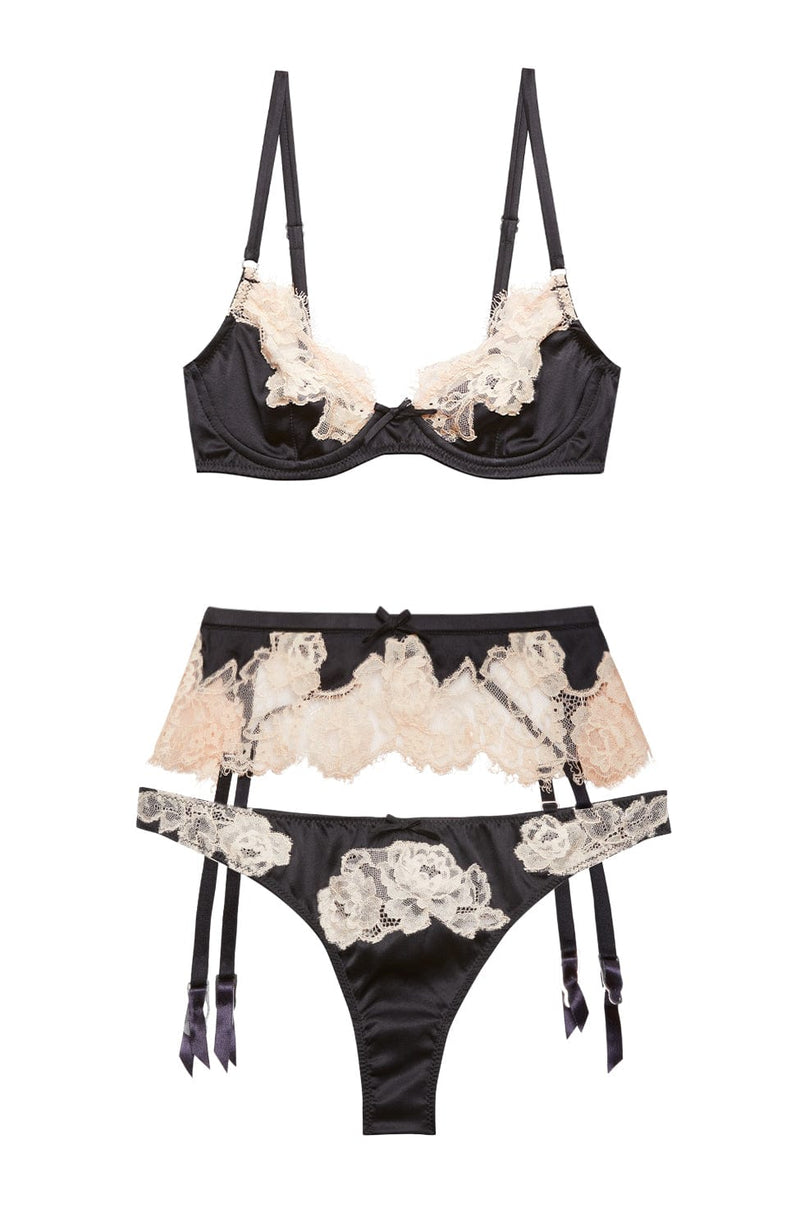 Juliet Lace Demi Bra, Garter and Thong Set-Lingerie Sets-Fleur du Mal-SHEER, SHEER, Luxury lingerie brand, Luxury lingerie Hong Kong, Designer lingerie HK, Designer lingerie online, International luxury lingerie, Luxury lingerie gift ideas, buy lingerie online, Designer lingerie global delivery, Luxury lingerie shipping to Australia, Luxury lingerie shipping to Singapore