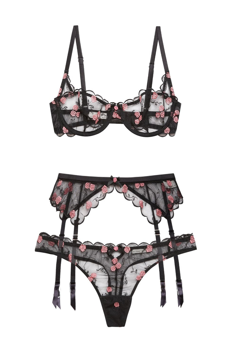 Rose and Vine Embroidery Balconette Bra, Garter and Thong Set-Lingerie Sets-Fleur du Mal-SHEER, SHEER, Luxury lingerie brand, Luxury lingerie Hong Kong, Designer lingerie HK, Designer lingerie online, International luxury lingerie, Luxury lingerie gift ideas, buy lingerie online, Designer lingerie global delivery, Luxury lingerie shipping to Australia, Luxury lingerie shipping to Singapore