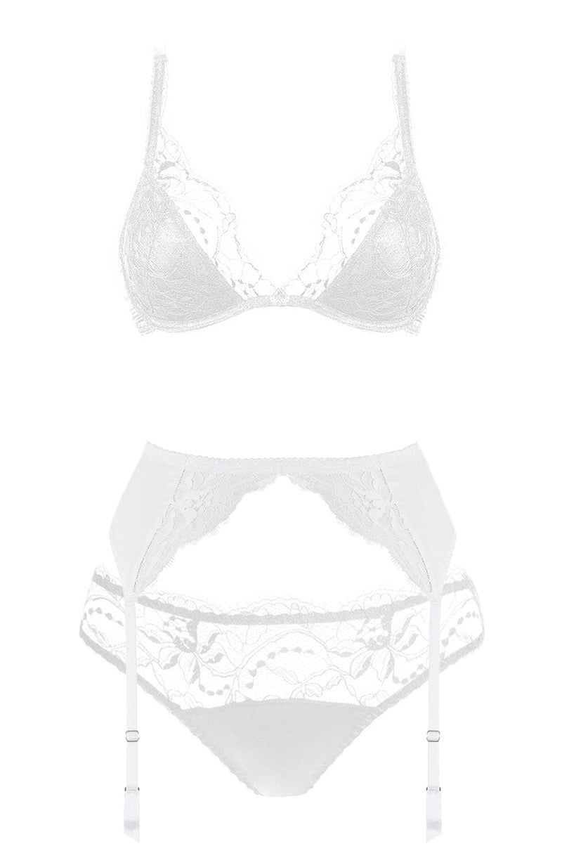 Signature Padded Plunge Bra, Suspender and Thong Set-Lingerie Sets-Fleur Of England-SHEER, SHEER, Luxury lingerie brand, Luxury lingerie Hong Kong, Designer lingerie HK, Designer lingerie online, International luxury lingerie, Luxury lingerie gift ideas, buy lingerie online, Designer lingerie global delivery, Luxury lingerie shipping to Australia, Luxury lingerie shipping to Singapore