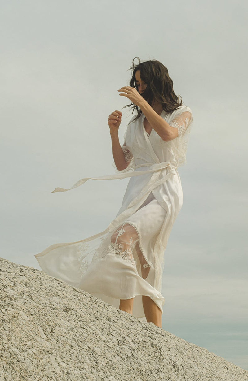 Voyage Long Kimono Robe-Loungewear-Shell Belle Couture-SHEER, SHEER, Luxury lingerie brand, Luxury lingerie Hong Kong, Designer lingerie HK, Designer lingerie online, International luxury lingerie, Luxury lingerie gift ideas, buy lingerie online, Designer lingerie global delivery, Luxury lingerie shipping to Australia, Luxury lingerie shipping to Singapore