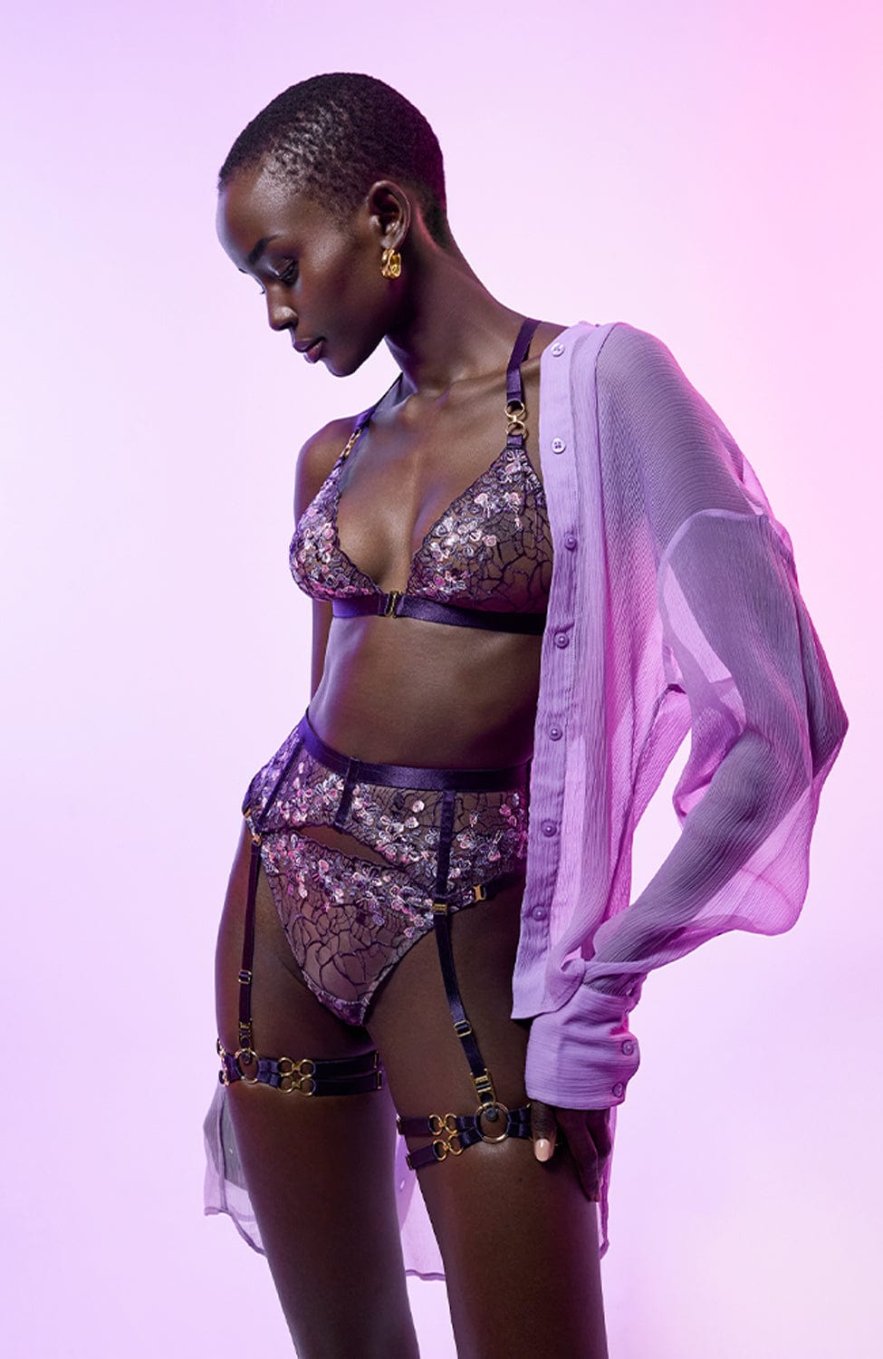 Amela Soft Triangle Bra, Suspender and Thong Set