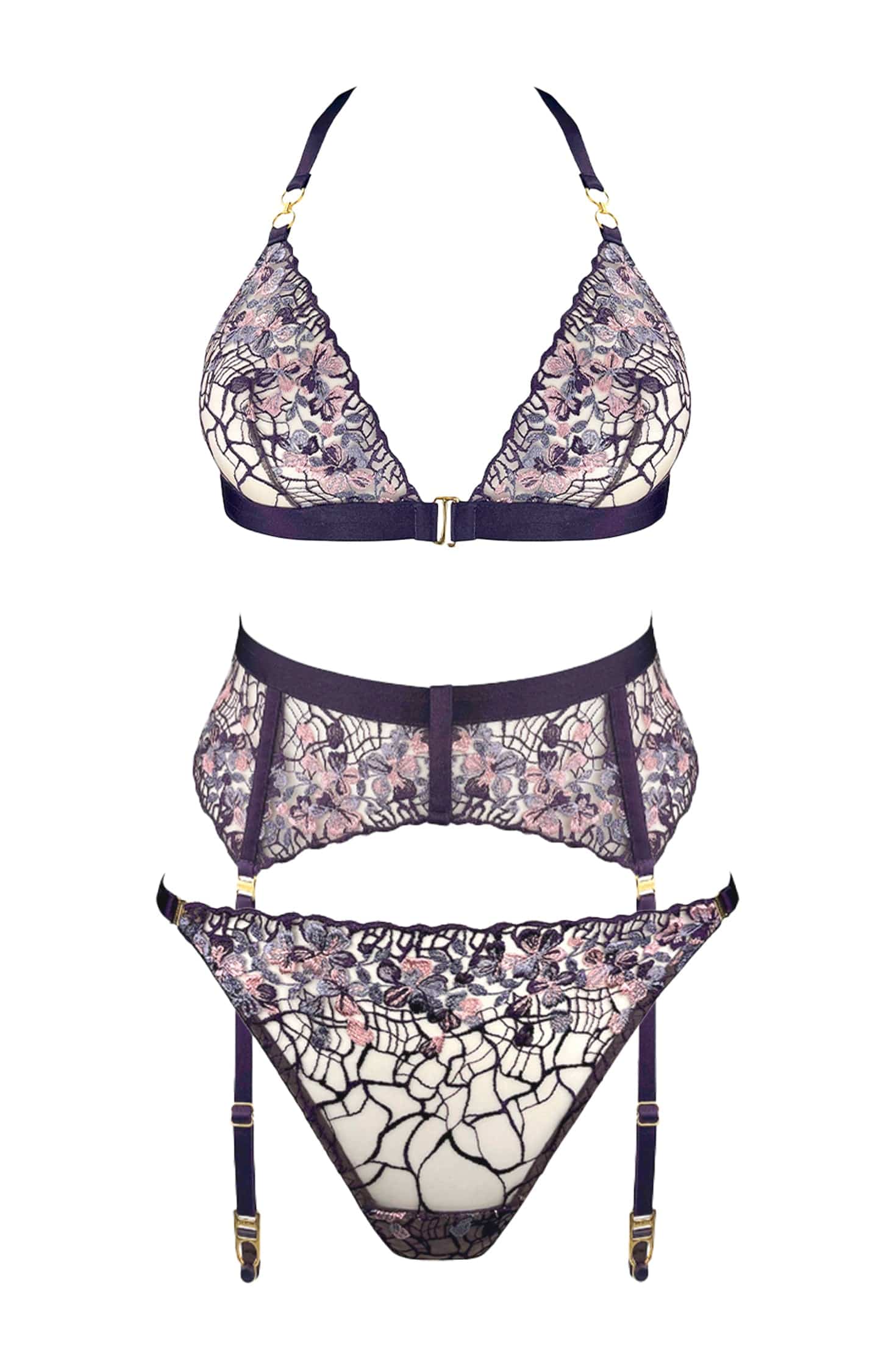 Amela Soft Triangle Bra, Suspender and Thong Set