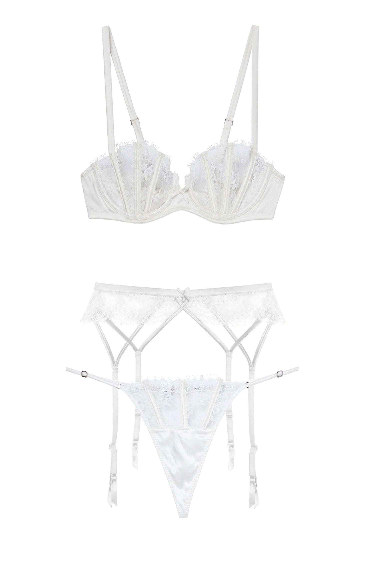 Frankie Lace Boned Bra, Strappy Garter and Thong Set