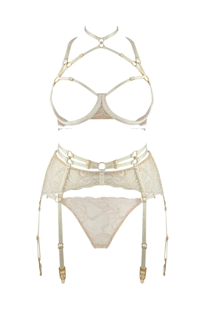 Sheer Lingerie Bordelle Lingerie Sets Pearl Ouvert Wire Bra, Suspender and Open Back Brief Set