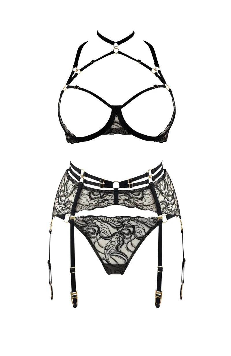 Sheer Lingerie Bordelle Lingerie Sets Pearl Ouvert Wire Bra, Suspender and Open Back Brief Set