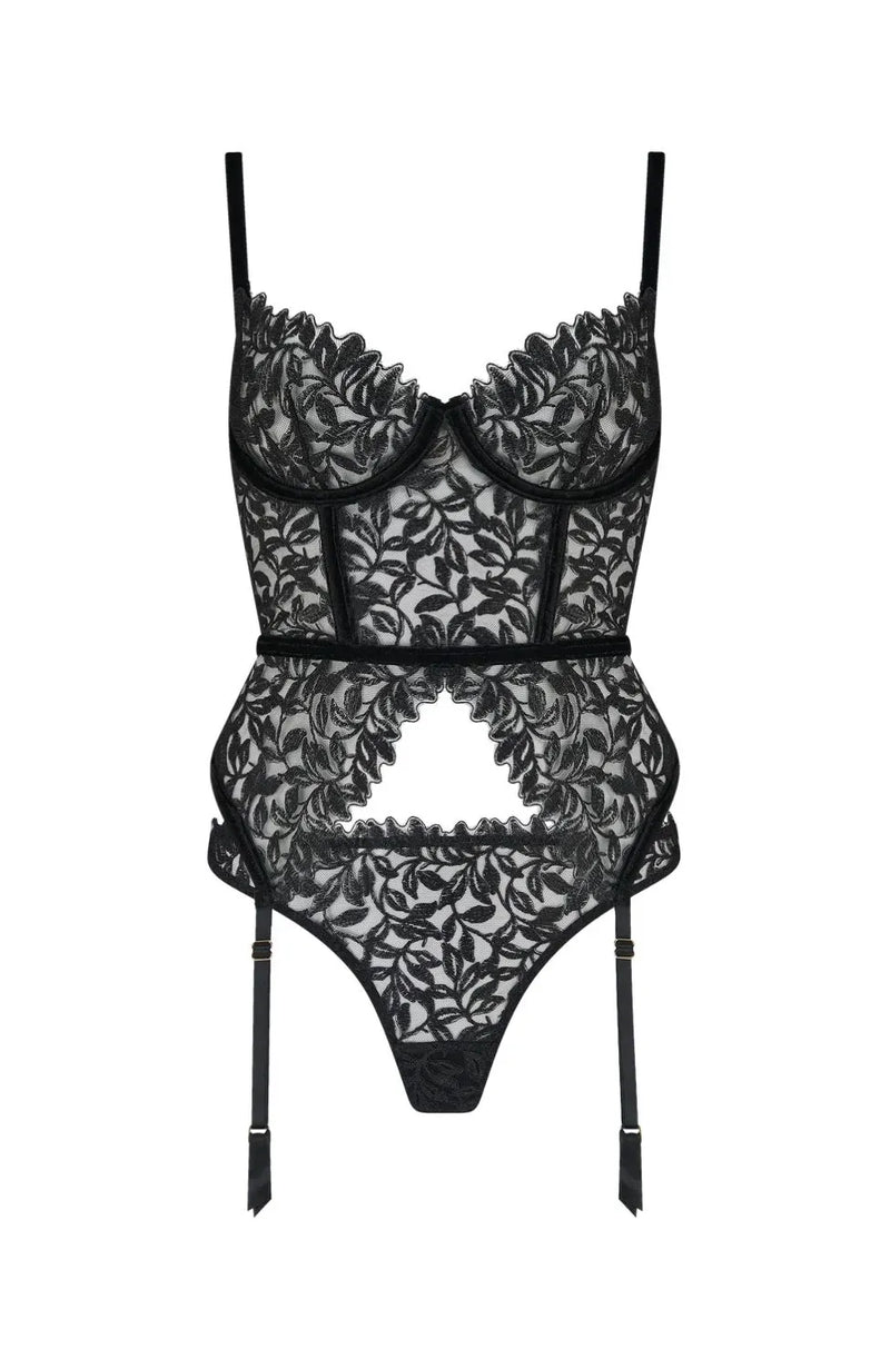 Sheer Lingerie Coco de Mer Lingerie Sets Irena Basque and Skirted Thong Set