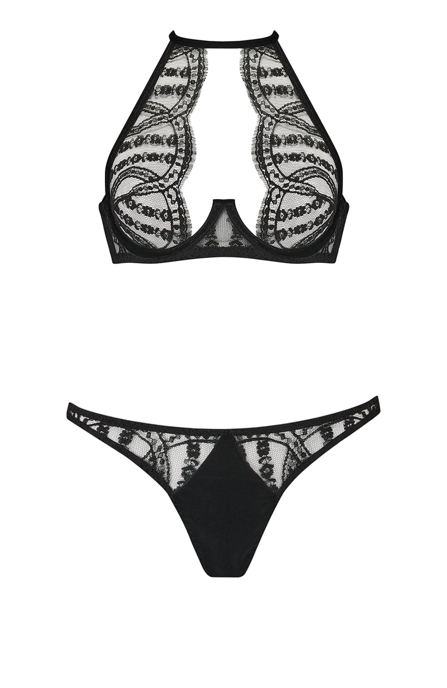 Sheer Lingerie Coco De Mer Lingerie Sets Kiana High Neck Plunge Bra and Spanking Knicker Set