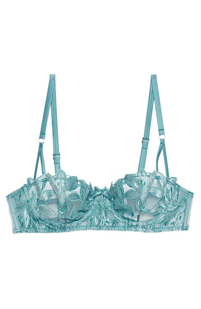 Sheer Lingerie Fleur du Mal Bras Icy Teal / 32B Velvet Lily Embroidery Balconette Bra