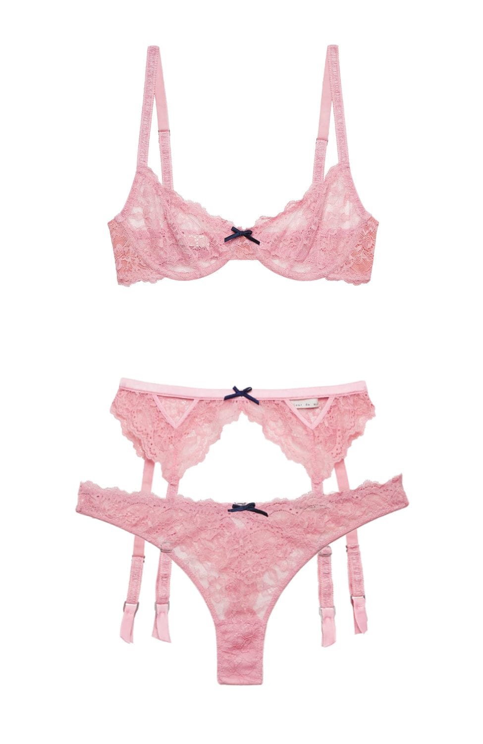 Sheer Lingerie Fleur Du Mal Lingerie Sets Bianca Lace Balconette Bra, Garter Belt and Thong Set