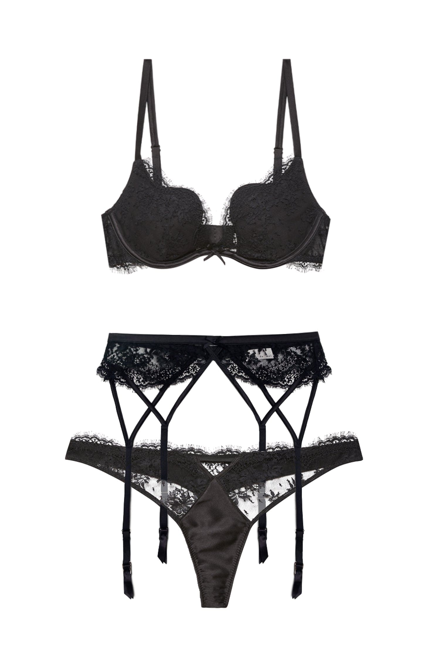 Sheer Lingerie Fleur Du Mal Lingerie Sets Frankie Lace Seduce U-Plunge Bra, Garter Belt and Thong Set