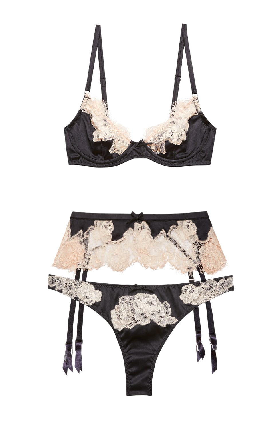 Sheer Lingerie Fleur Du Mal Lingerie Sets Juliet Lace Demi Bra, Garter and Thong Set