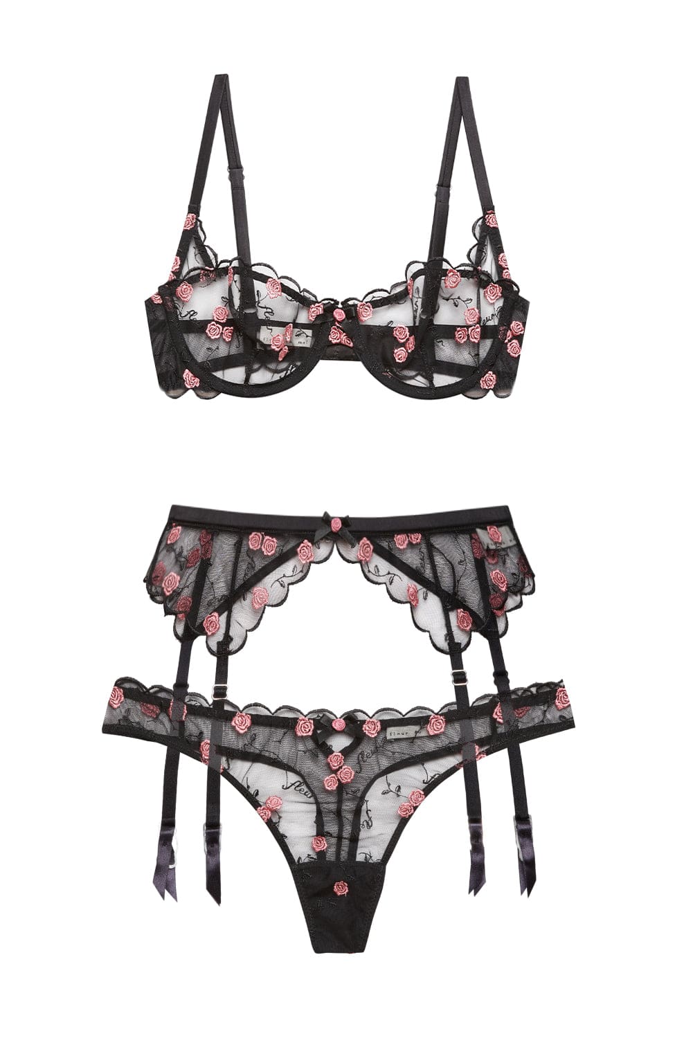 Sheer Lingerie Fleur Du Mal Lingerie Sets Rose and Vine Embroidery Balconette Bra, Garter and Thong Set
