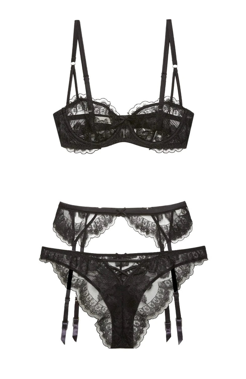 Sheer Lingerie Fleur Du Mal Mila Balconette Bra, Garter and Cheeky Set