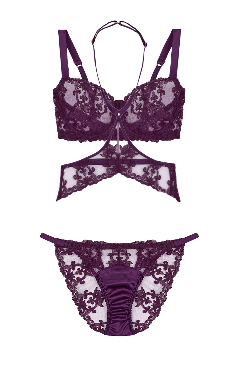 Sheer Lingerie Fleur Of England Lingerie Sets Cecilia Balcony Bra, Harness and Ouvert Brief Set