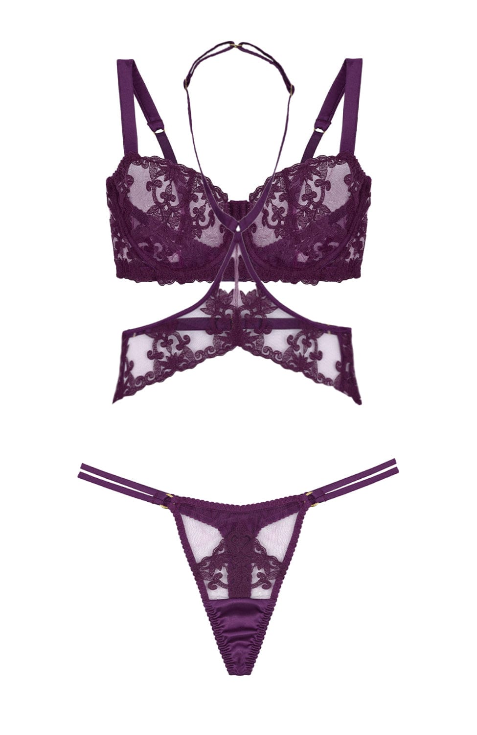 Sheer Lingerie Fleur Of England Lingerie Sets Cecilia Balcony Bra, Harness and Strap Thong Set