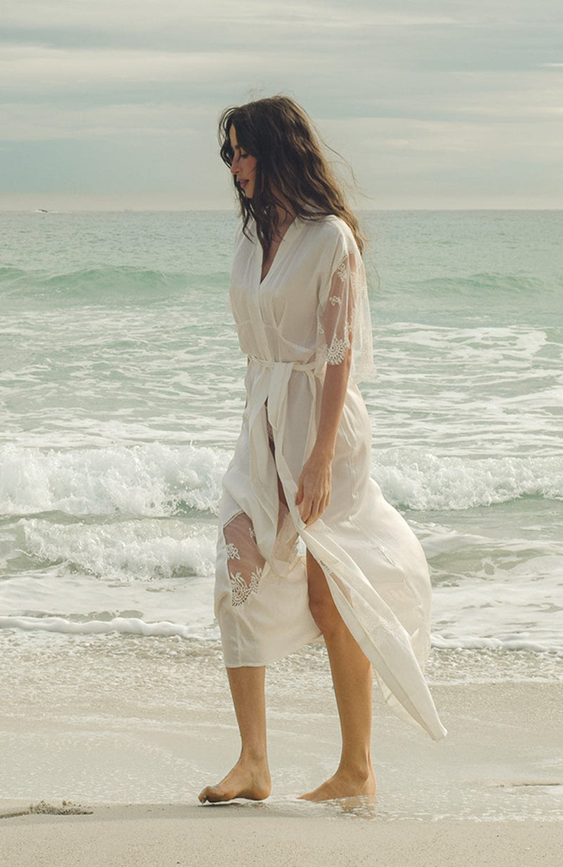 Voyage Long Kimono Robe-Loungewear-Shell Belle Couture-SHEER, SHEER, Luxury lingerie brand, Luxury lingerie Hong Kong, Designer lingerie HK, Designer lingerie online, International luxury lingerie, Luxury lingerie gift ideas, buy lingerie online, Designer lingerie global delivery, Luxury lingerie shipping to Australia, Luxury lingerie shipping to Singapore