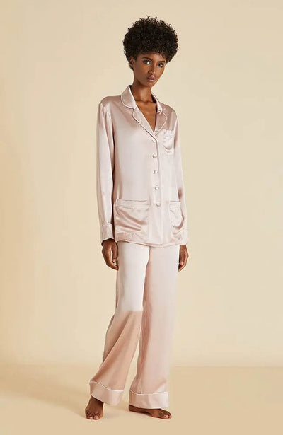Coco Oyster Ivory Silk Pajama Set-Loungewear-Olivia von Halle-SHEER, SHEER, Luxury lingerie brand, Luxury lingerie Hong Kong, Designer lingerie HK, Designer lingerie online, International luxury lingerie, Luxury lingerie gift ideas, buy lingerie online, Designer lingerie global delivery, Luxury lingerie shipping to Australia, Luxury lingerie shipping to Singapore